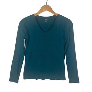 Vintage Y2K Tommy Hilfiger Long sleeve Tee V Neck T Shirt Cotton Teal size M